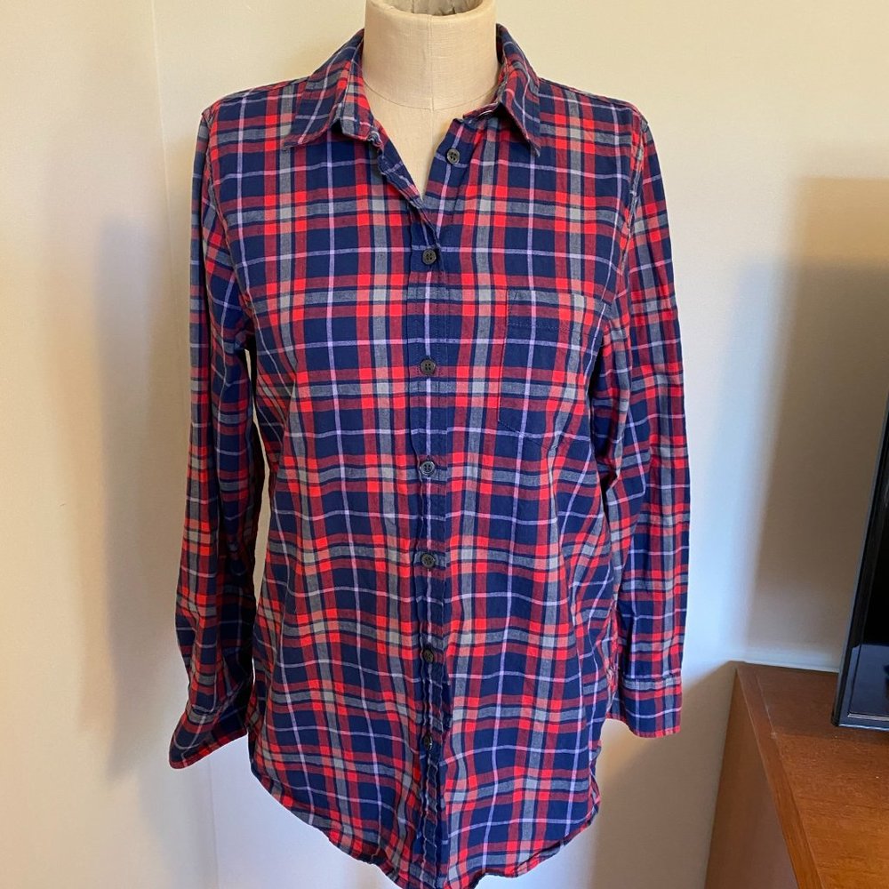 J. Crew Boy Fit Blue Red Gray Button Up Blouse SM